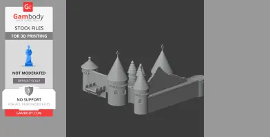 A 3D model of a medieval-style castle with conical towers and battlements, suitable for 3D printing.