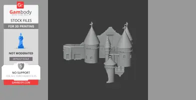 Gray 3D model of a medieval castle with towers and turrets, designed for 3D printing.