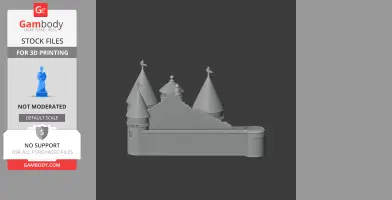 A detailed 3D model of a castle with conical towers and battlements, designed for 3D printing.