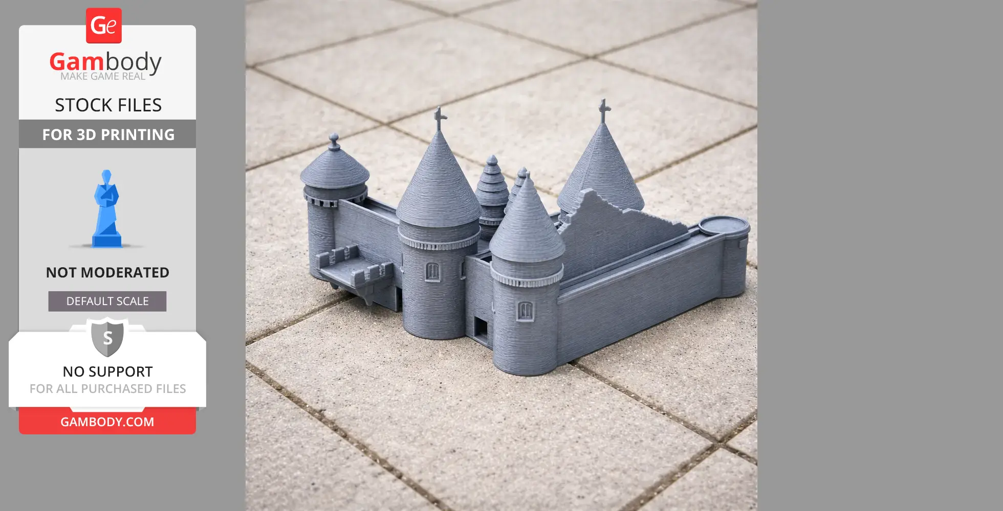 A detailed 3D-printed model of a medieval castle with multiple conical towers.