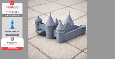 A detailed 3D-printed model of a medieval castle with multiple conical towers.