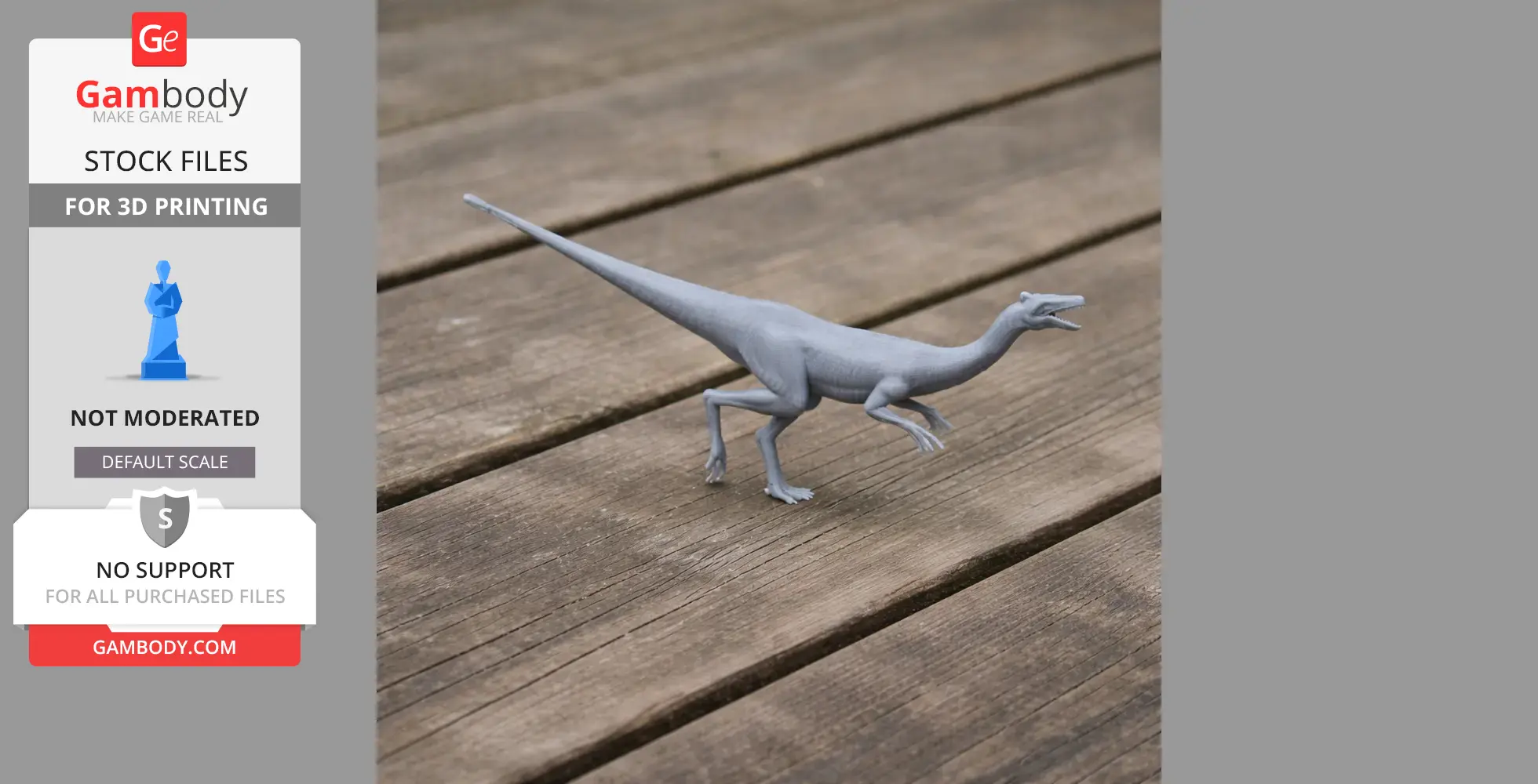 Gray 3D-printed model of a Pelecanimimus dinosaur, posed walking on a wooden surface.