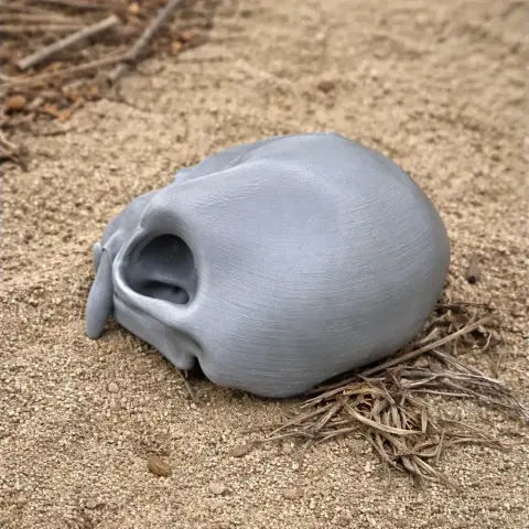 3D printed De Brazza's monkey skull replica on sandy ground.