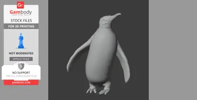 3D model of a standing prehistoric penguin with wings outstretched, in grayscale.
