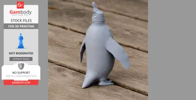 A 3D-printed model of a prehistoric penguin in gray, standing on a wooden surface.