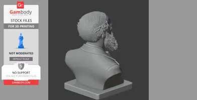 3D model bust of a bearded man in profile, wearing a jacket, on a square base.