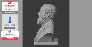 3D printed bust of a bearded man in profile, wearing a suit, on a square base.