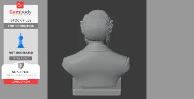 Back view of a 3D-printed bust depicting a classical figure with detailed hair and a collared jacket.
