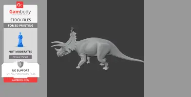 3D model of a Pentaceratops dinosaur, showcasing its frilled head and three facial horns.