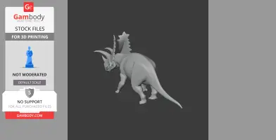 3D model of a Pentaceratops dinosaur, featuring prominent horns and frill, designed for 3D printing.