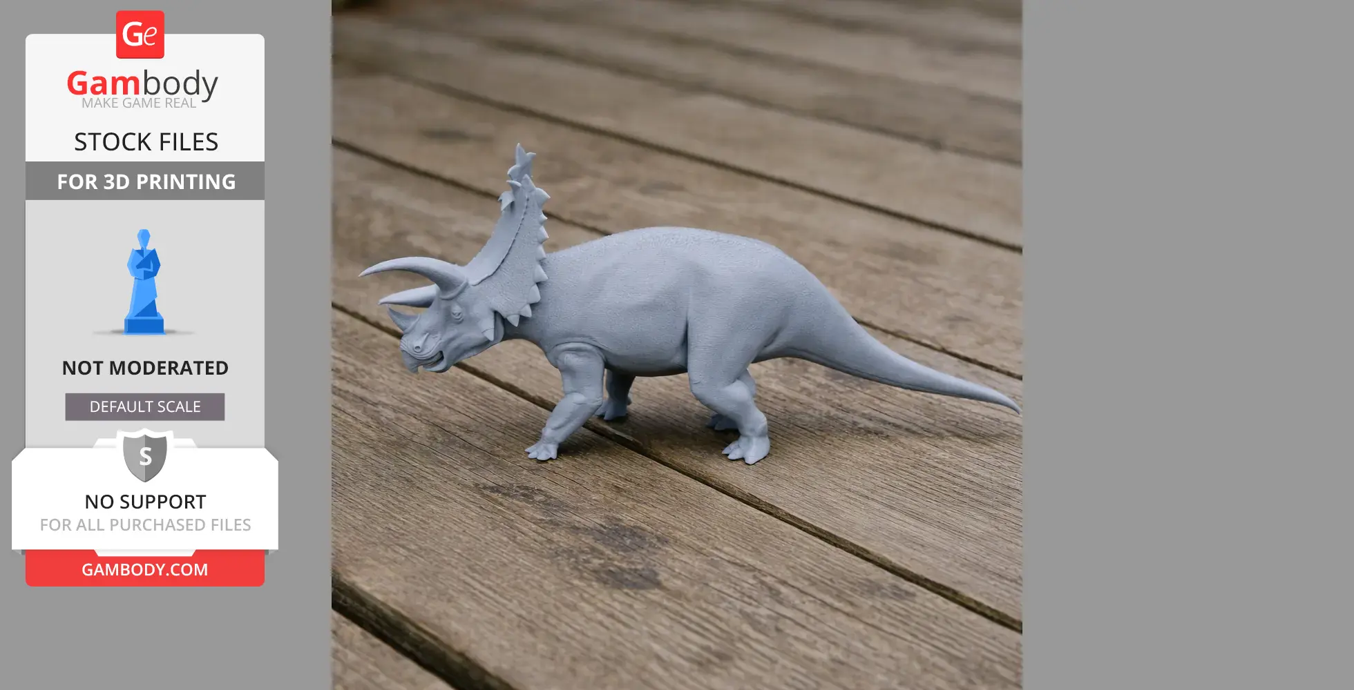 A 3D printed Pentaceratops dinosaur model is placed on wooden planks.