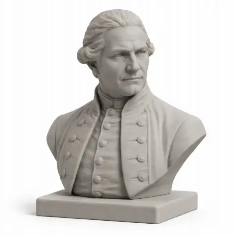 Bust of a historical figure in period clothing with detailed facial features and hair, on a square base.