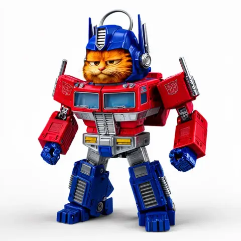 Mashup figure: Garfield as Optimus Prime in robot form, vibrant red and blue armor.