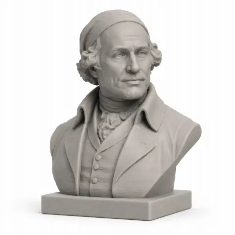 A finely detailed bust of a historical figure wearing a coat and a headscarf on a rectangular base.