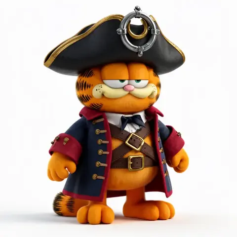 A cartoon orange cat dressed as a pirate, wearing a tricorn hat and navy coat with red accents.