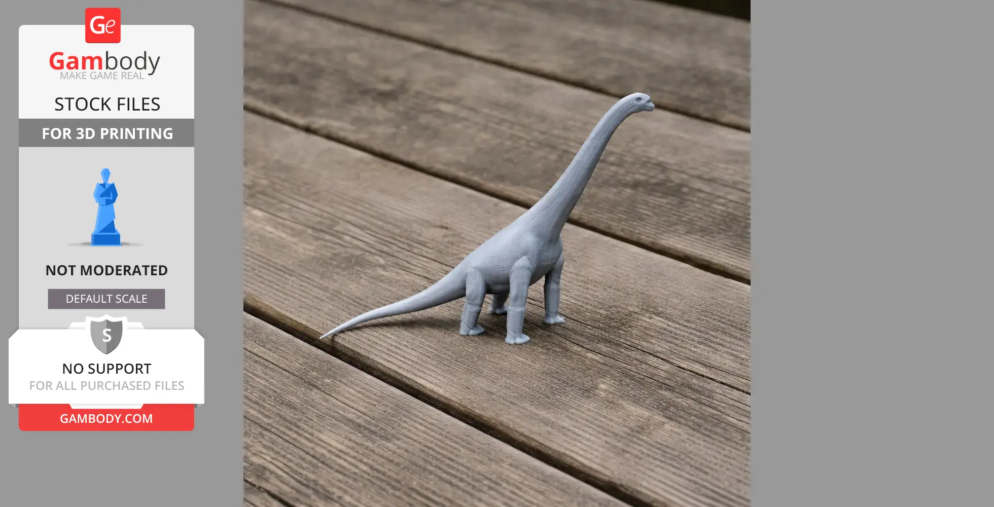 A 3D-printed gray model of a long-necked dinosaur on a wooden surface.