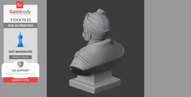 3D model of a historical warrior bust wearing a turban and cape, designed for 3D printing.