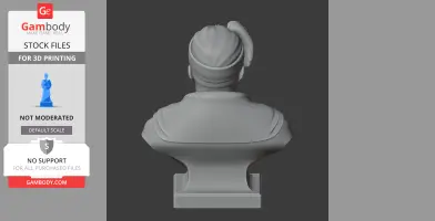 Rear view of a detailed bust model with a feathered hat for 3D printing.