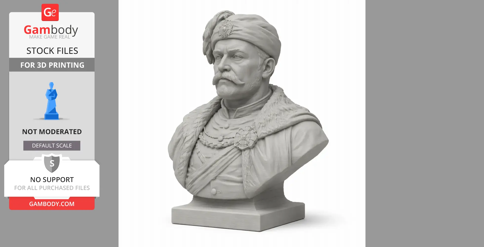 Bust of a historical warrior with a mustache and hat, detailed clothing, suitable for 3D printing.