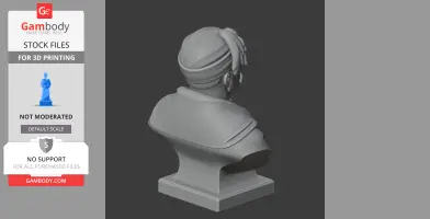 A 3D bust model of a historical figure viewed from the back, featuring detailed clothing and a headscarf.