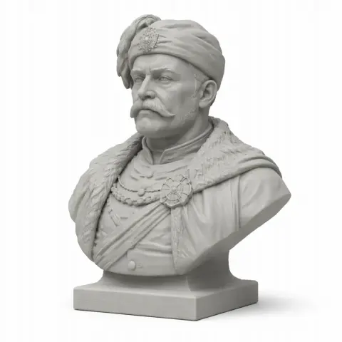 Bust of a distinguished historical warrior in ornate attire with a feathered cap and mustache.