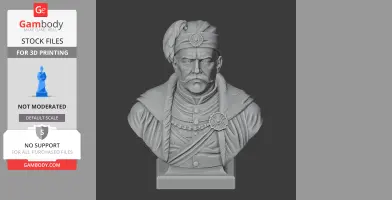 Bust of a stern historical figure with a feathered cap and ornate attire, suitable for 3D printing.