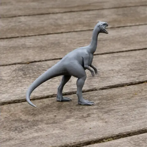 A 3D-printed model of a dinosaur-like creature with an upright posture on a wooden surface.