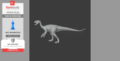 A 3D model of a dinosaur with a long tail, slender body, and clawed limbs, displayed on a gray background.