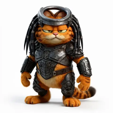 A mashup figure of Garfield as a Predator, wearing sci-fi armor with dreadlock-style headgear.