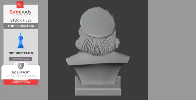 3D model of a bust with detailed hair and hat, viewed from the back, ready for 3D printing.