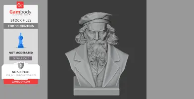 A 3D model bust of a historical warrior, featuring a detailed beard, flowing hair, and a beret.