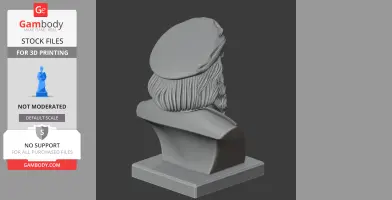 Gray bust of a historical warrior, wearing a hat, viewed from the back and mounted on a square base.