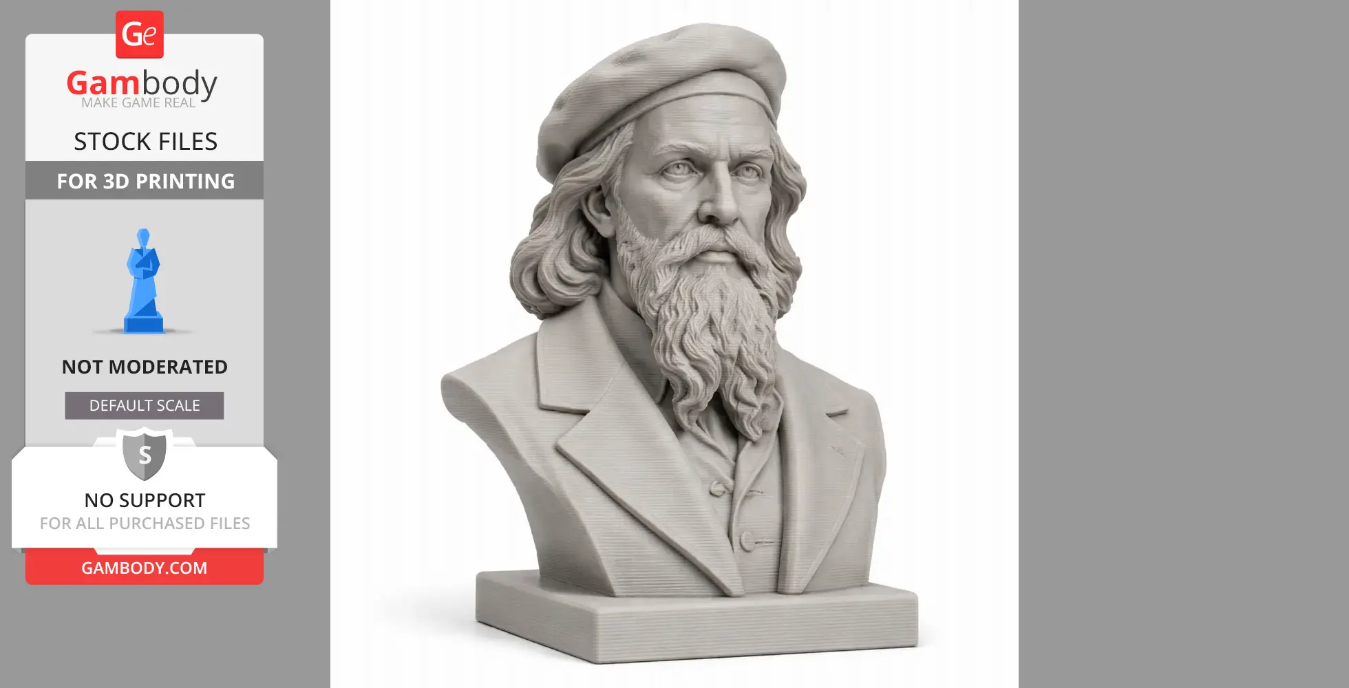 3D printable bust of a bearded historical figure wearing a beret and jacket, detailed facial features.