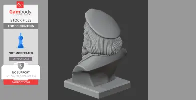 3D printed bust of a bearded man wearing a beret, viewed from the back on a pedestal.