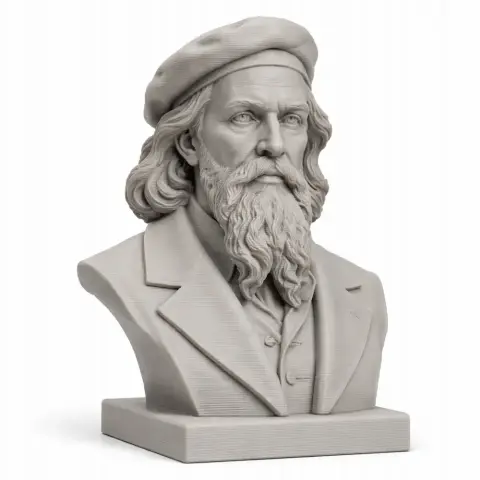 A detailed 3D printed bust of a bearded man in a beret and suit, depicting a historical warrior.