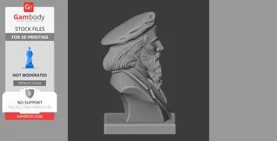 Profile view of a historical warrior bust, wearing a beret, with detailed hair and beard, for 3D printing.
