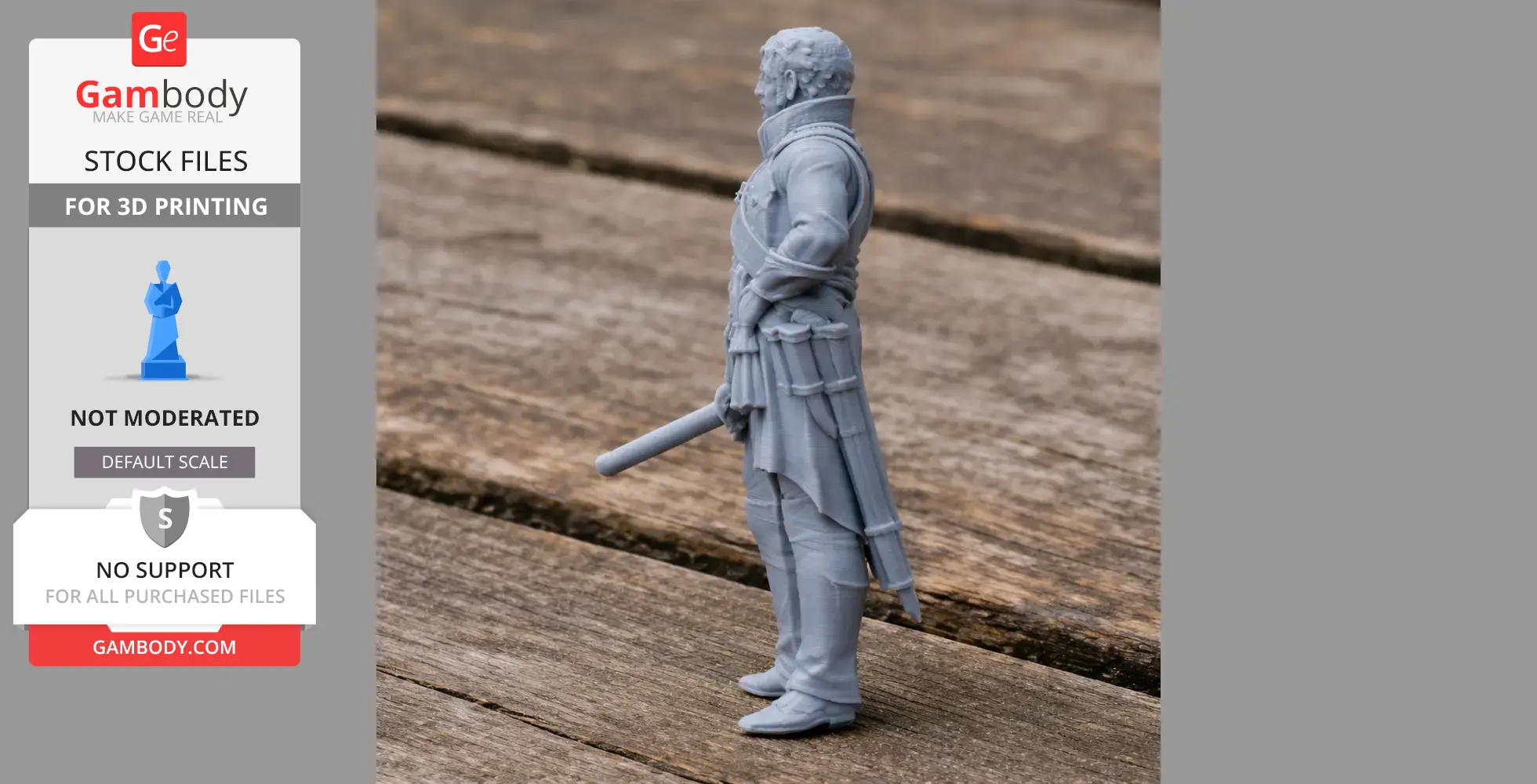A 3D printed model of a Napoleonic soldier standing, with a sword at his side.