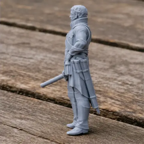 Napoleonic soldier 3D print model, side view, with a sword and detailed uniform on a wooden surface.