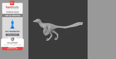 A 3D model of a Philovenator, a small bipedal dinosaur, shown in a side view for printing.