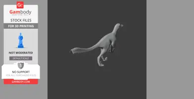 Gray 3D model of a Philovenator dinosaur on a dark background, shown in a side view.