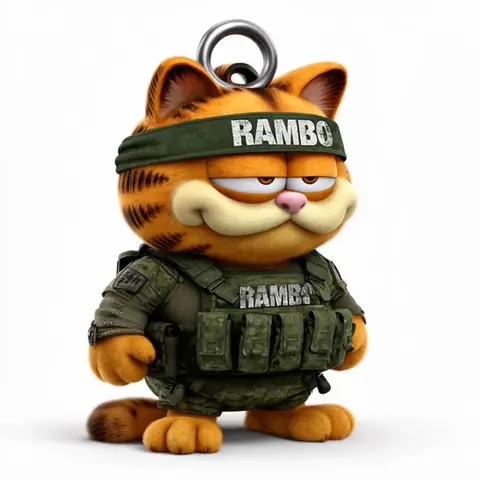 Cartoon cat in military gear, wearing a 'Rambo' headband and vest, with a ring at the top.