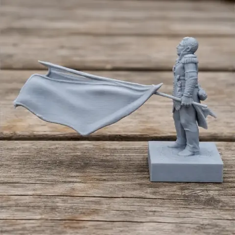 Napoleonic soldier 3D model holding a flag, standing on a square base.