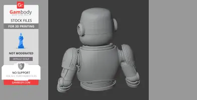 A 3D model of a robot with rounded features and segmented arms, viewed from the back.