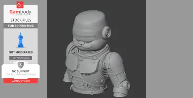 A 3D-printed mashup of a cat with RoboCop armor, combining a cartoon and sci-fi character.