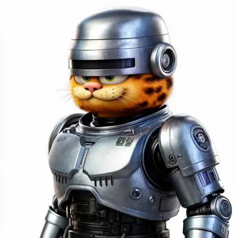 A cartoon cat's head on a cybernetic armored body resembling a futuristic Robocop.