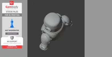 A 3D model of a robotic figure with rounded features and mechanical joints, viewed from above.