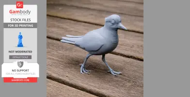 A 3D-printed model of a prehistoric bird, standing on wooden planks, with detailed feathers and legs.