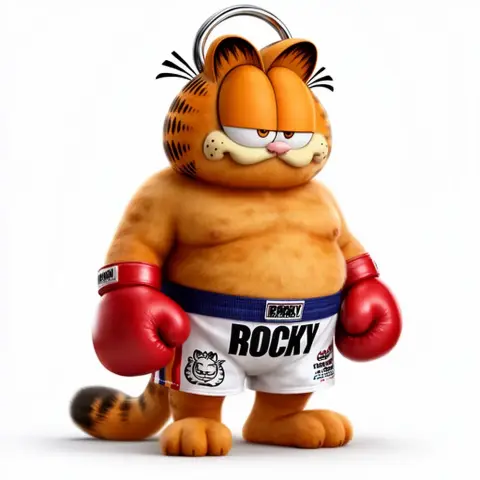 Garfield as a boxer, wearing red gloves, shorts with 'Rocky' print, standing confidently.