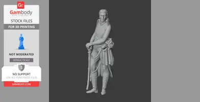A 3D model of a historical figure in Napoleonic attire, holding a sword and wearing a long coat.