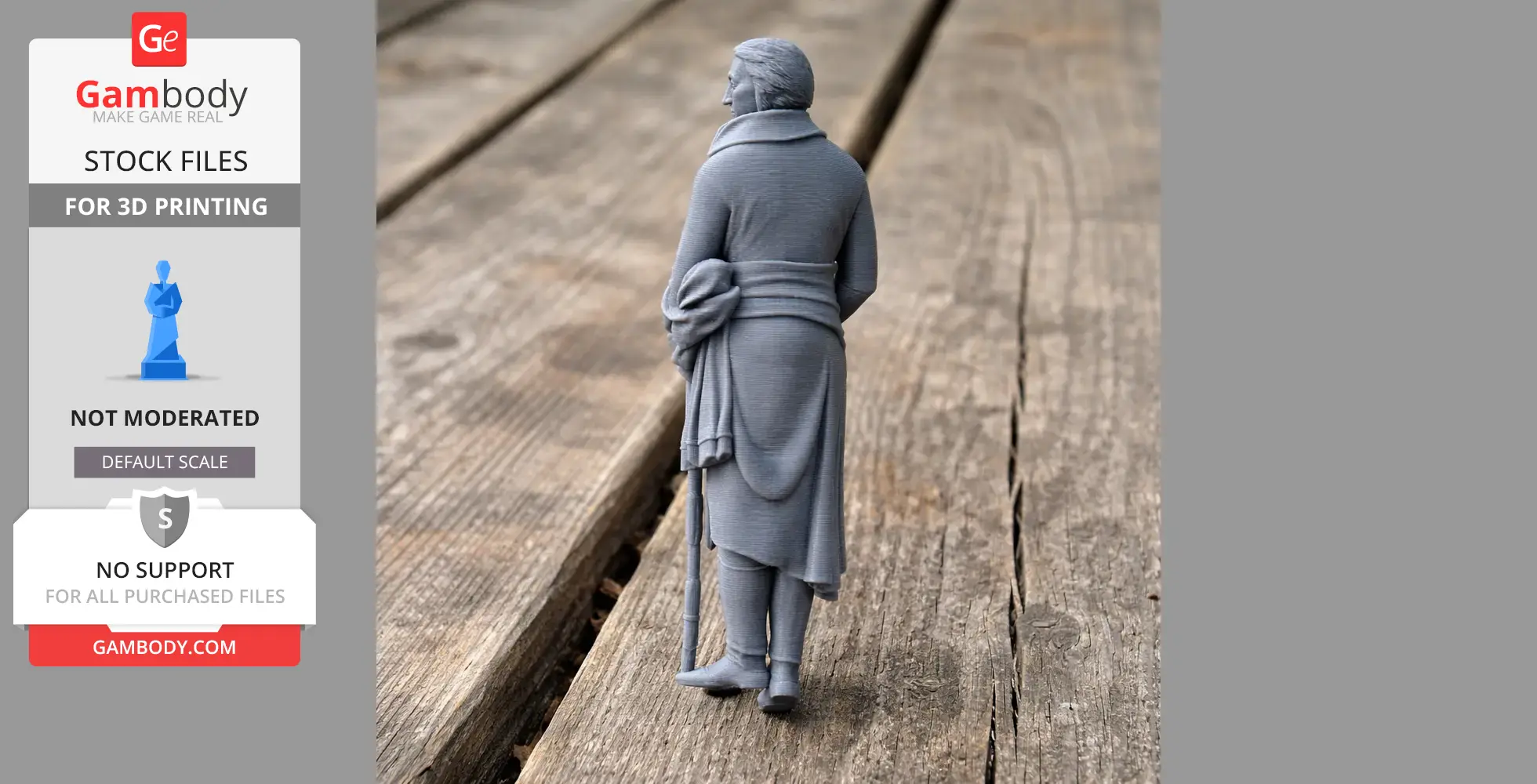 A 3D-printed model of a historical figure in a long coat holding a cane, viewed from behind.